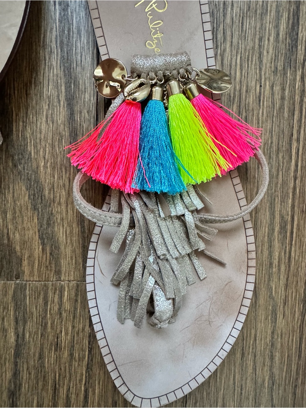 Lilly Pulitzer Metallic Gold Tassel Sandals with Neon Multi-Tassel Accent - Picture 3 of 7